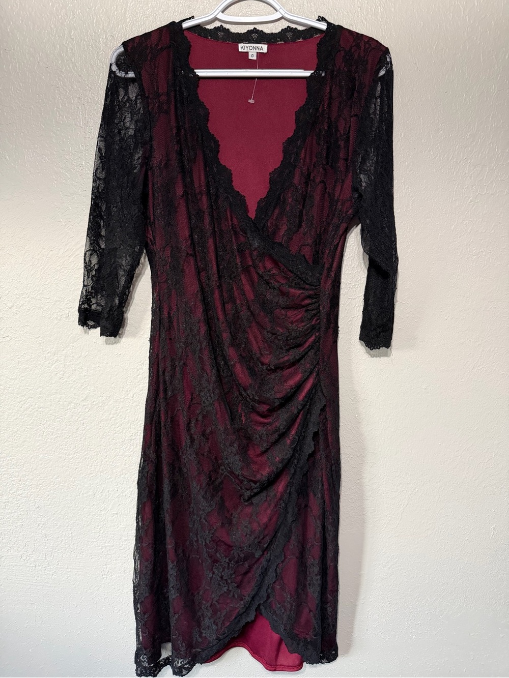 Kiyonna Burgundy Midi Gigi Cinch Dress with Black Lace Overlay Woman size 10-12
